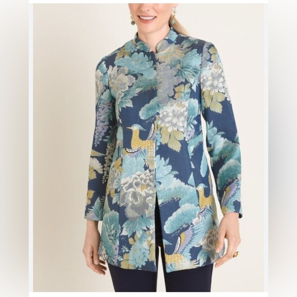 CHICO’S Sz 2P (vanity) Floral Birds Brocade Tao Neck Jacquard Blazer Jacket